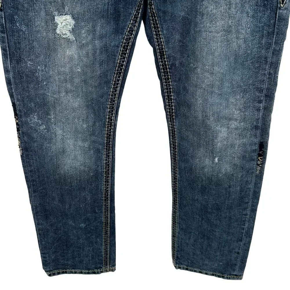 Men's Distressed Rock Revival Pruitt Straight Leg Blue Denim Jeans Embroidered